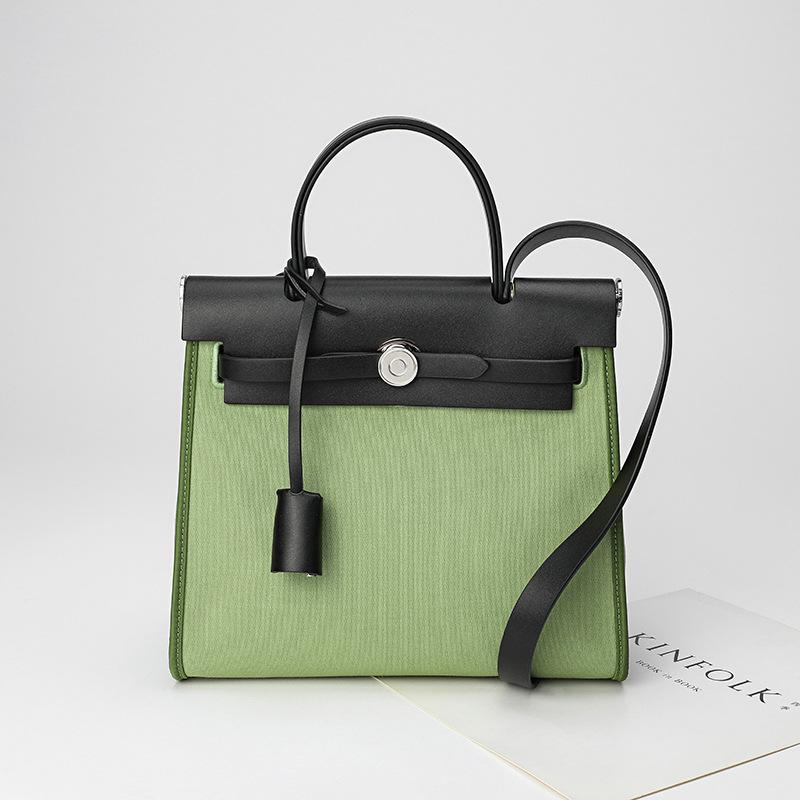 Leather Bag 2022 New Retro Fashion Canvas Kelly Bag Design Sense Contrasting Color Shoulder Messenger Bag Women's Bag