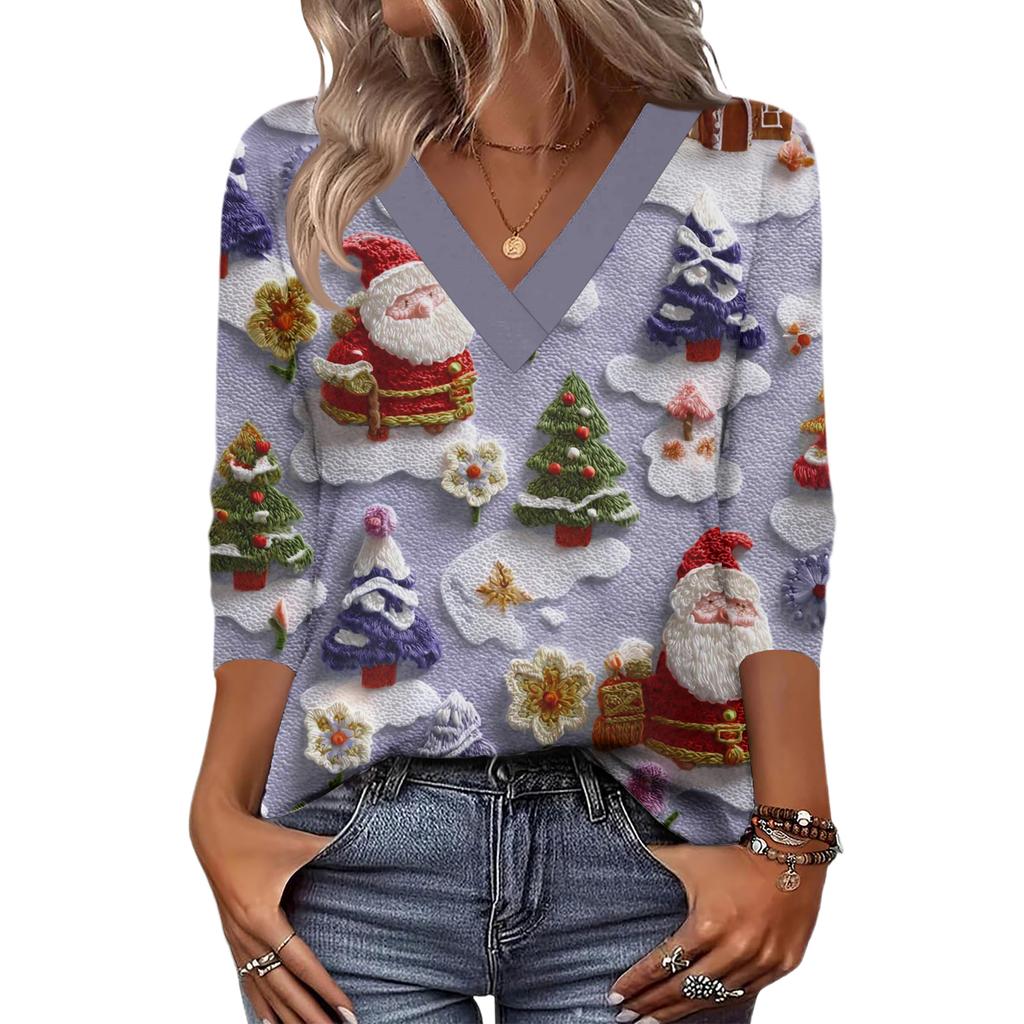 Women's Loose Comfortable Casual Fashion V-Neck Christmas Print 3/4 Sleeve Top