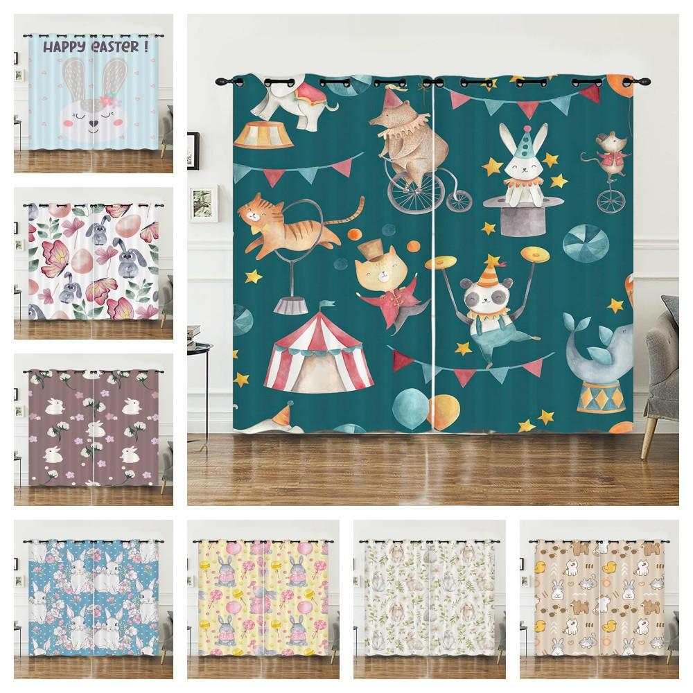 Curtain Rabbit Animal Illustration Curtain Digital Printing Blackout Curtain No Punching