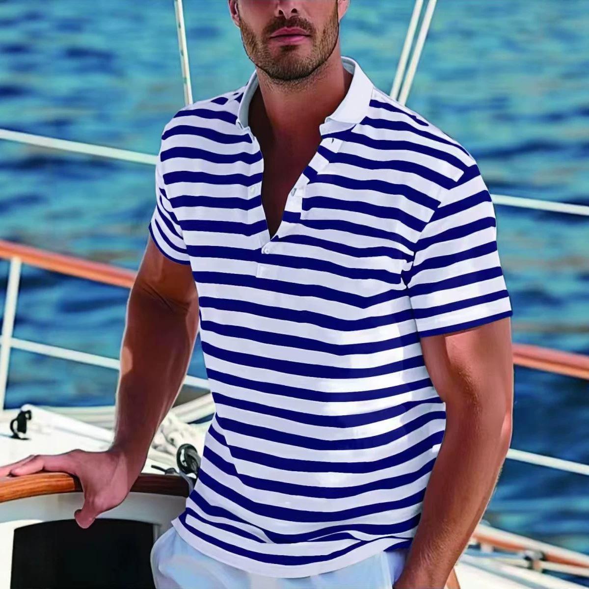 Summer Fashion Men Short Sleeve Casual Stripe Polo Shirt Men Sport Lapel Golf Polo Shirt 100% Polyester S