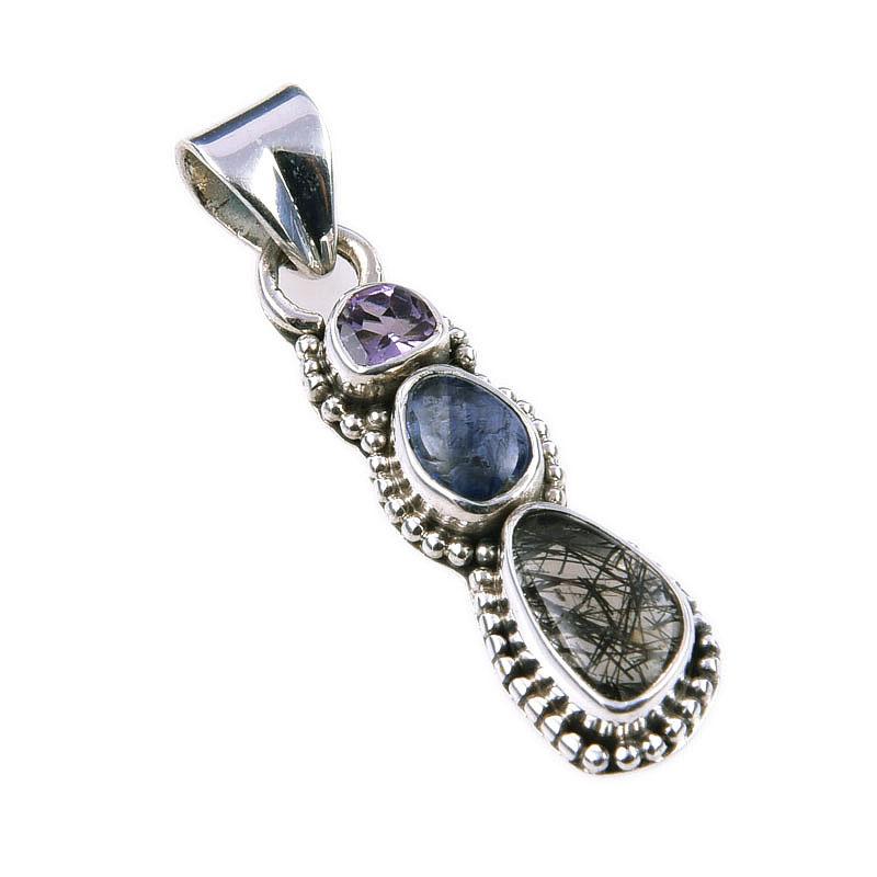 Natural Black Rutile, Kyanite 925 Solid Sterling Silver Gift Pendant 1.50'' T0H97