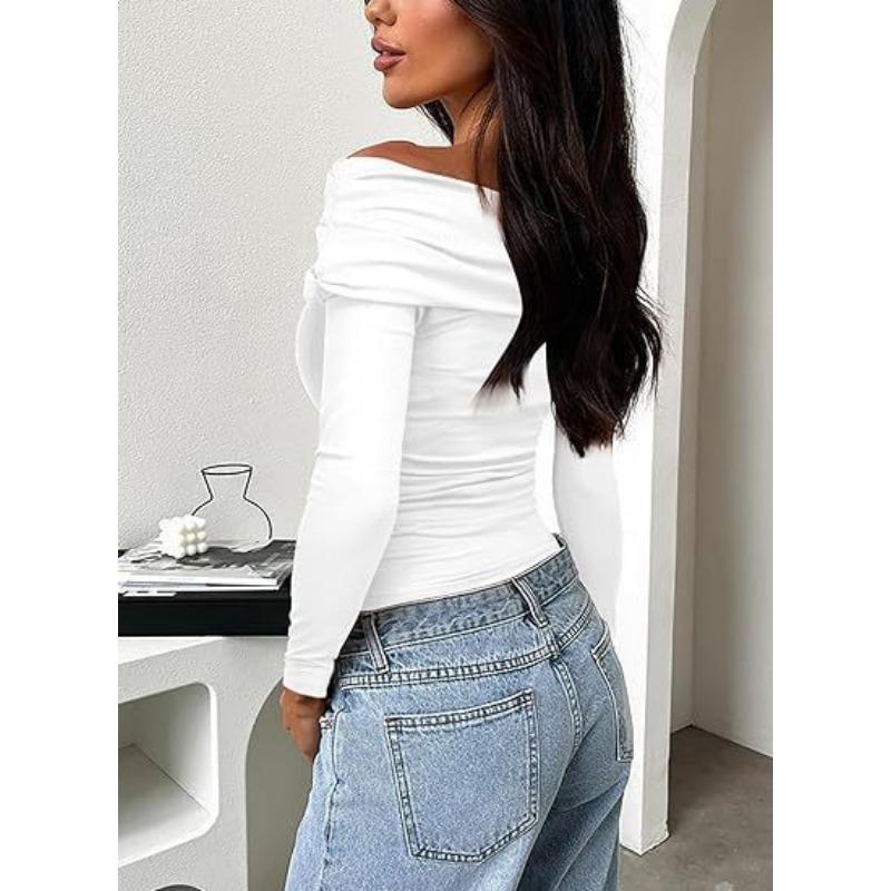Spring Summer Women's T-Shirts Single Shoulder Long Sleeve Top with Ruffles Outing Sexy Slimming Tops Y2K