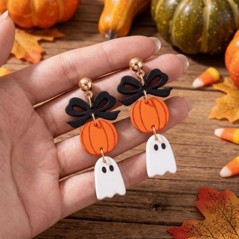 Acrylic Bow Ghost Pumpkin Earrings Spooky Charm Halloween Dangle Earrings Halloween Party