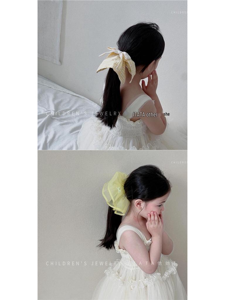 Blue Checkered Bow Scarf Scrunchie for Girls