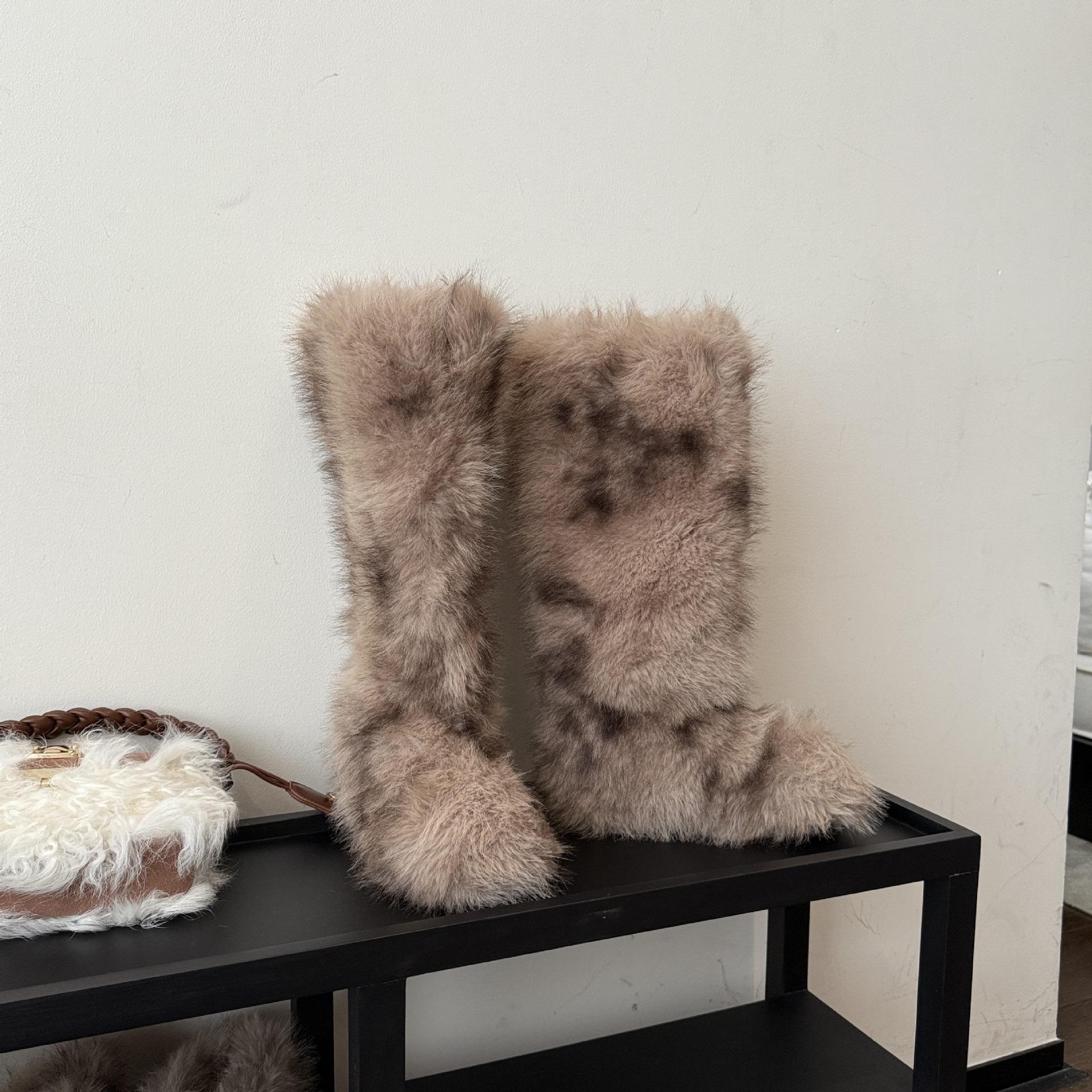 

Wool striped tall tube hairy boots thick-soled hairy snow boots women s new winter piled thickened long tube boots 40