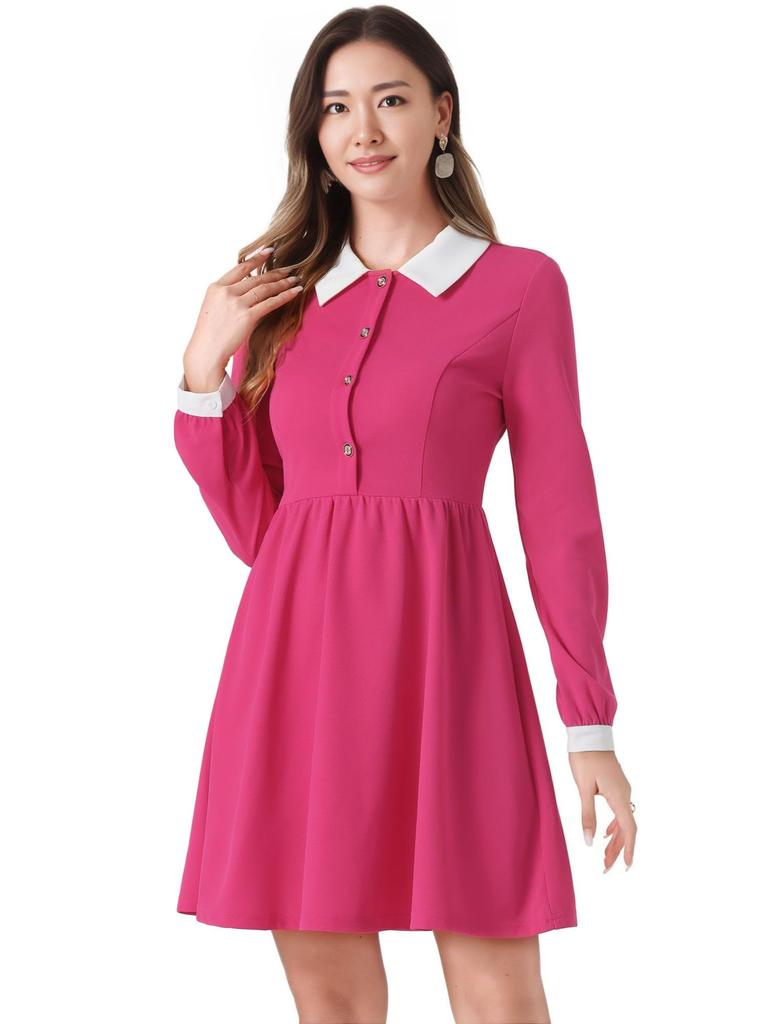 Allegra K Women's Fuchsia Short Dress with Long Sleeves, Vintage A-Line Design, Round Collar, and Contrast Half Placket, Size M