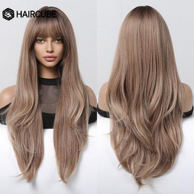 Long Layered Synthetic Wigs for Women Brown Dark Blonde Ombre Wavy Wig With Bangs High Temperture Daily Cosplay Fashion Hair Wig