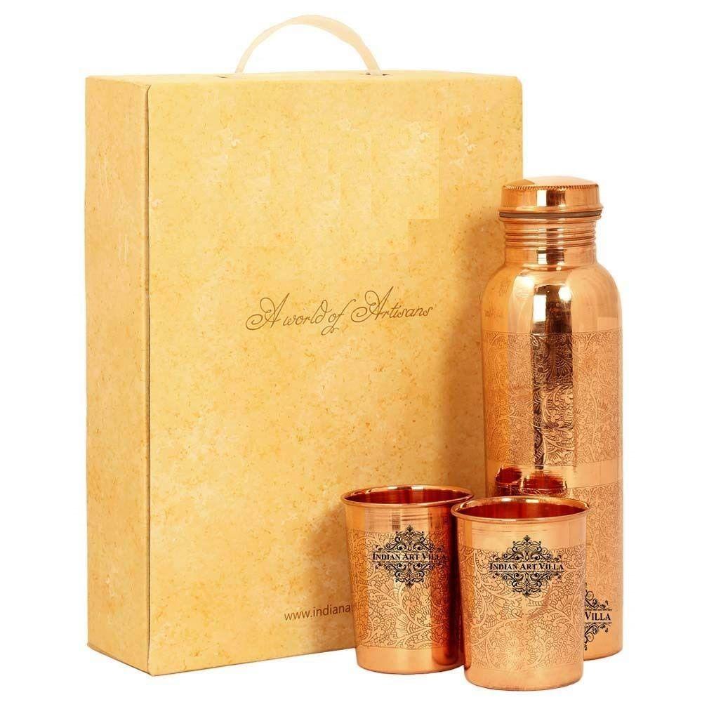 Copper Drinkware Gift Set of Embossed Design 1 Bottle & 2 Glass with Gift Box, Gift Item for Diwali, Bottle-600 ml & Glass-300 ml