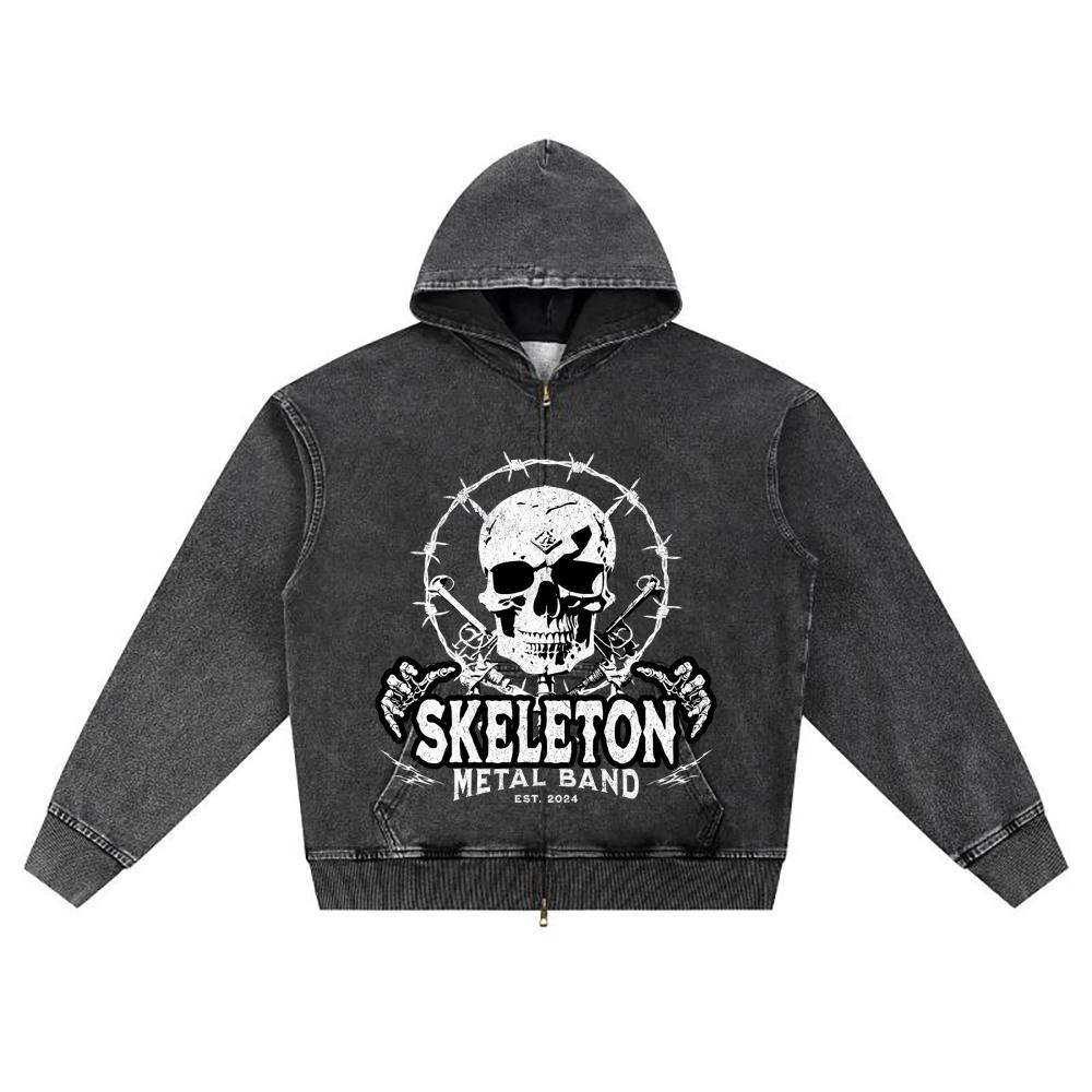DTG Print Knitted Denim Zip-Up Hoodie Skeleton Metal Band Streetwear Brother Print Zipper Hoodies