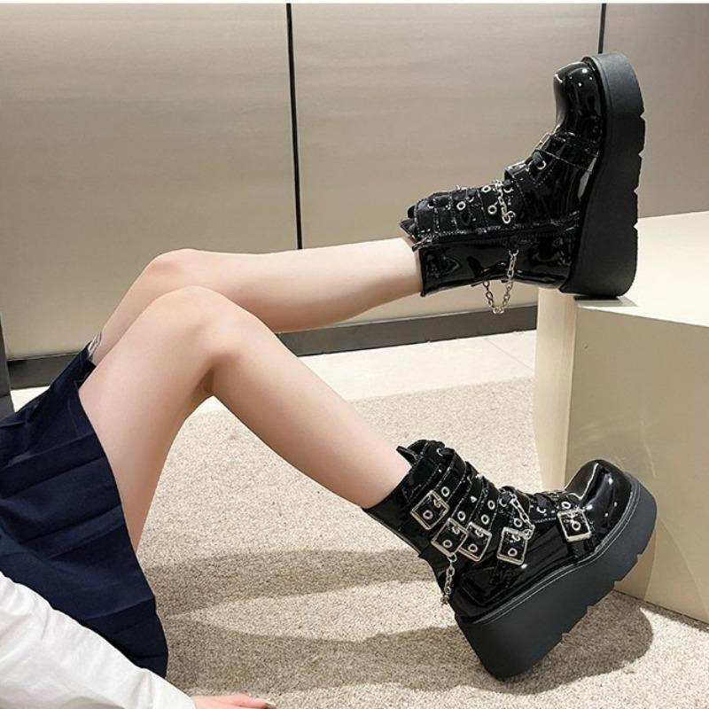 Stivali Donna Piattaforma Moda Fibbia Cintura Stivaletti Corti Neri Suola Spessa Punk Stivali Donna con Catena Stivaletti Donna Alta Qualità