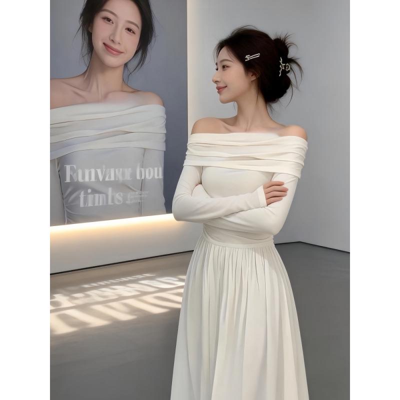 Off-White One-Shoulder Long-Sleeve French Style Maxi Dress - 2026 Spring Collection Medium грязно-белый