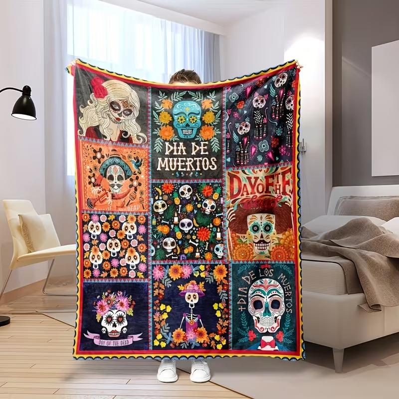 1 Stück Halloween-Themen-Patchwork-Decke mit Geistern, Kürbissen, Fledermäusen & Mehr Weiche, Warme Flanell-Kuscheldecke für Gemütliche Nickerchen, Campingdecke