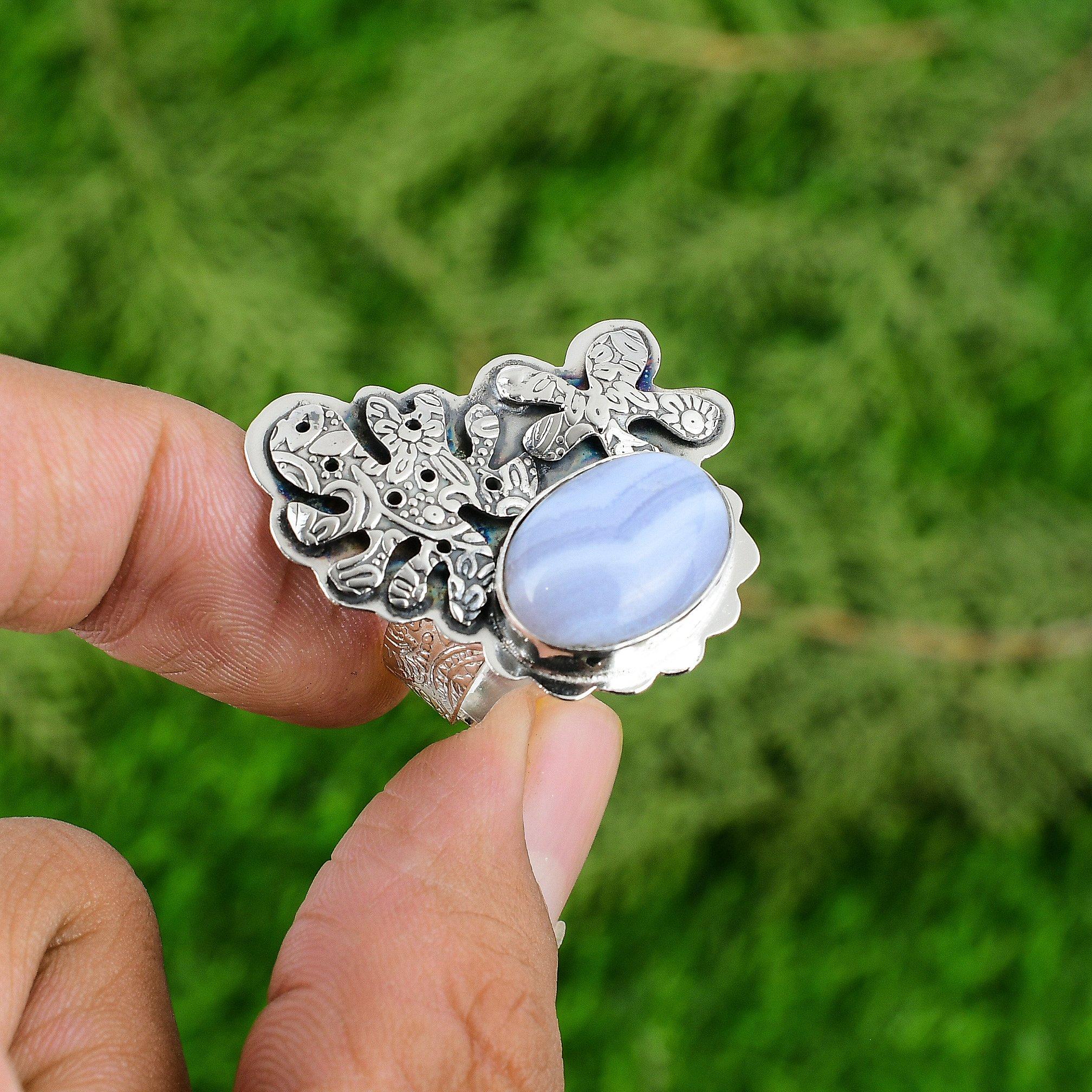

Oval Blue Lace Agate Gemstone Sterling Silver Stackable Bezel New Ring Jewelry Adjustable