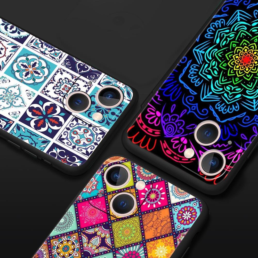 Mandala flower totem Luxury Phone Case For iPhone 13 15 14 12 11 Pro MAX XR X SE XS 7 8 Plus Silicone Black Protection Cover