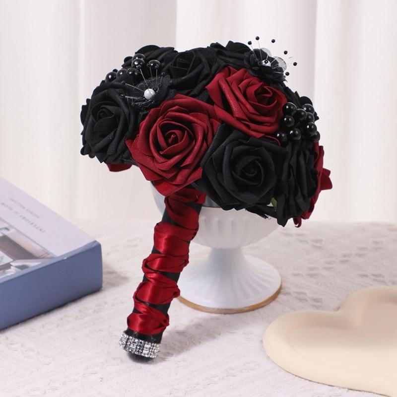 Artificial Flowers Bridal Bouquet Gothic Wedding Bouquet Red/Purple and Black Wedding Flower Bouquet for Bridesmaids