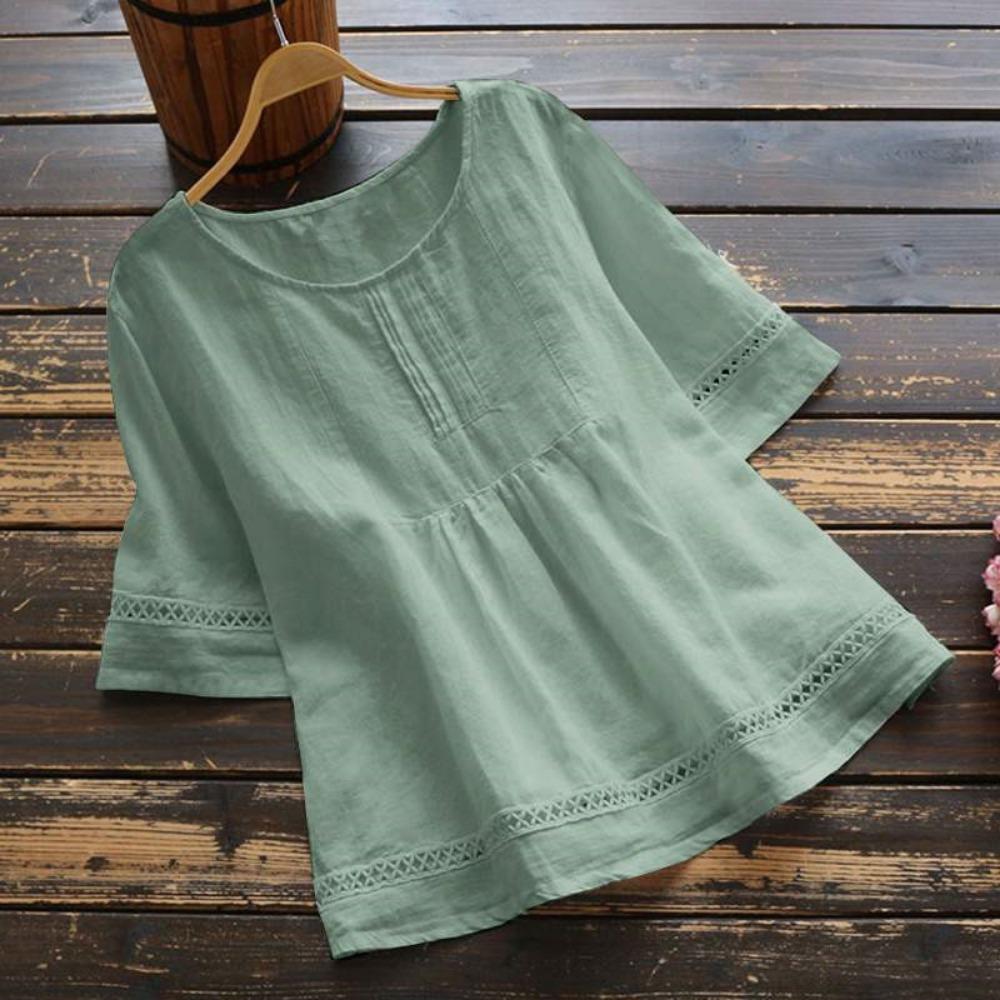 Women's Retro Casual Petticoat Summer Solid Color Cotton Linen Top Half Sleeve Round Neck Splicing Shirt Hollow Top