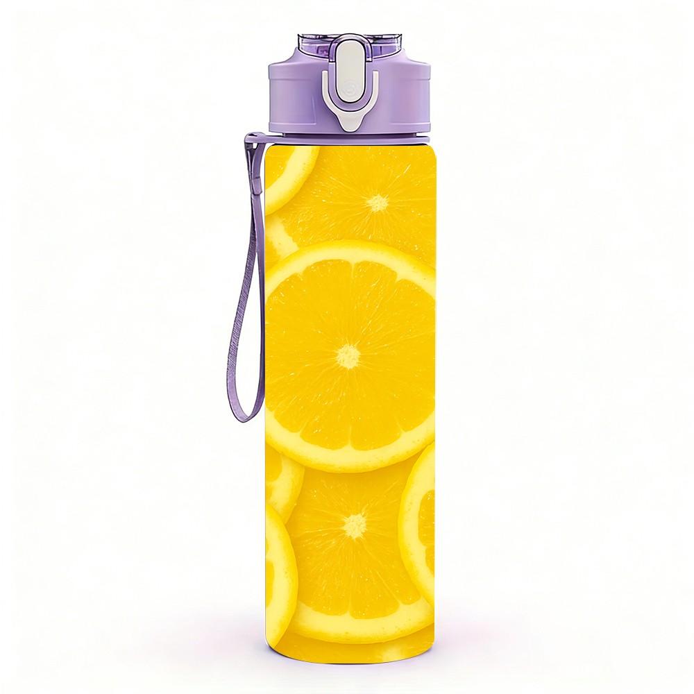 1PC Yellow Lemon Slice Repeat Print 750ml Color Plastic Sports Water Bottle Leakproof Flip Straw Lid Suitable for Sports Office Home Use
