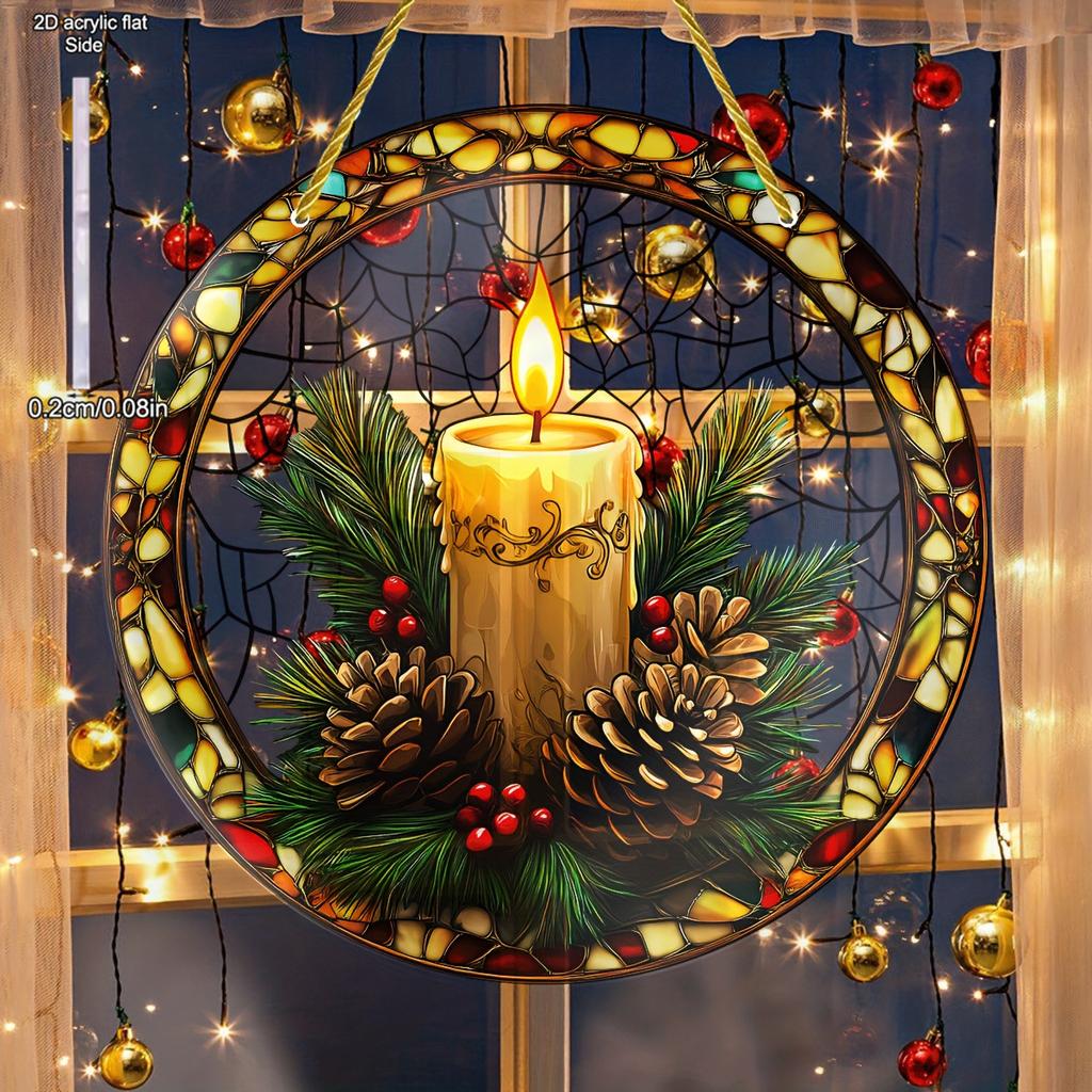 Rustic Candle Sun Catcher Acrylic Hang Sign, Acrylic with Pinecones & Holly, A Festive Holiday Decor Gift, Nurseries, Vintage Home Decor Wall for Bar