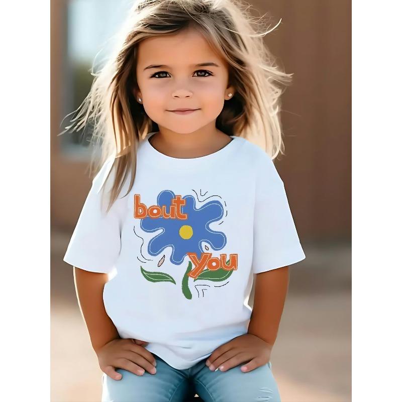 

European sizes Hand-drawn Cute and Playful Blue Floral Print Pattern. Short-sleeve Round-neck Girls T-shirt, Available in Black and White 98cm белый