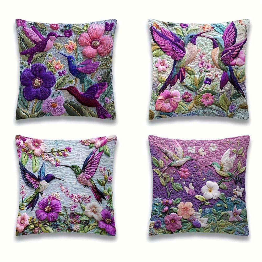 Exquisite Quilted Pillowcases with Vivid Hummingbird and Flower Patterns Sofa Cushion Cover Home Room Decoration