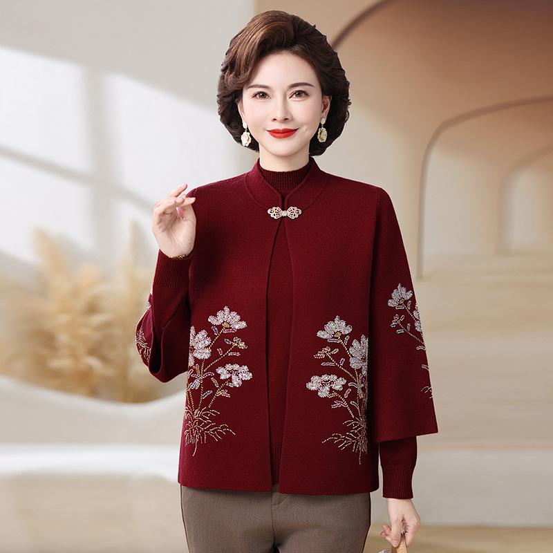 Mom's 2025 Autumn/Winter Knitted Cardigan with Embroidery for Middle-Aged and Elderly Women