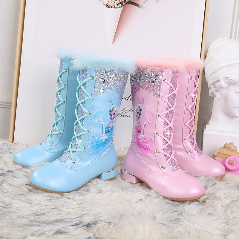 Fashion Autumn and Winter New Girls High-heeled Boots Princess Elsa Boots Children's High-heeled Velvet Knight Lace-up Boots