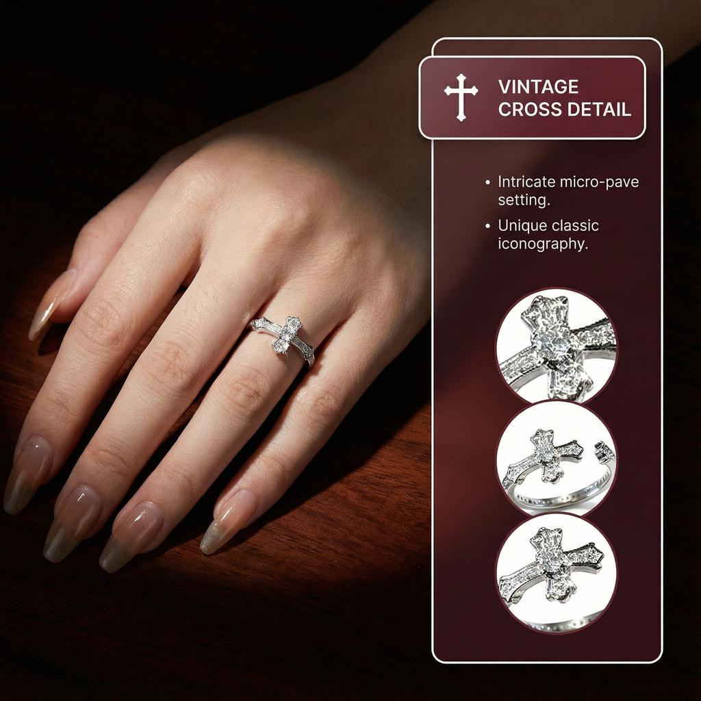 Vintage Cross Diamond Ring for Women Retro Style Simple Punk Luxury Versatile Open Finger Ring Women's Personality Gift