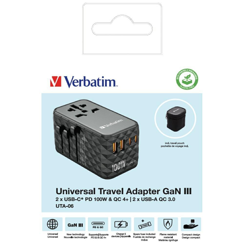 Verbatim Adapter Podróżny Eu/Uk/Us Gan2Xusb-A/2Xusb-C Pd 100W Uta-06 Czarny/Black 32121