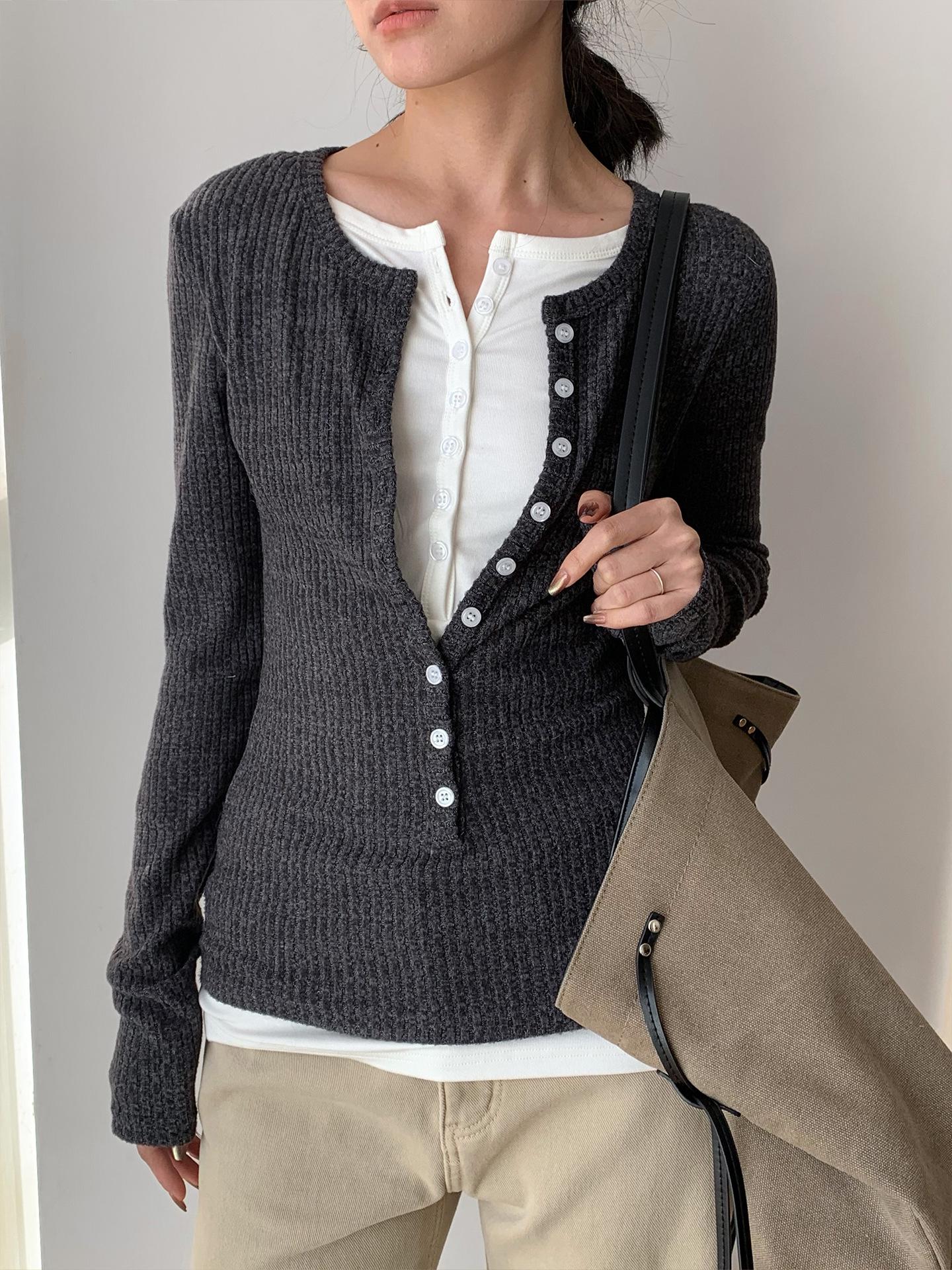 

Dorothy Spring Korean Fashion Brushed Two-Piece Design Round Neck Pullover Top for Women Small темно-серого