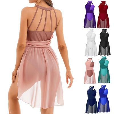 Women Fashion Sleeveless Lyrical Dance Dress Cut Out Asymmetric Chiffon Skirt Leotard Dress
