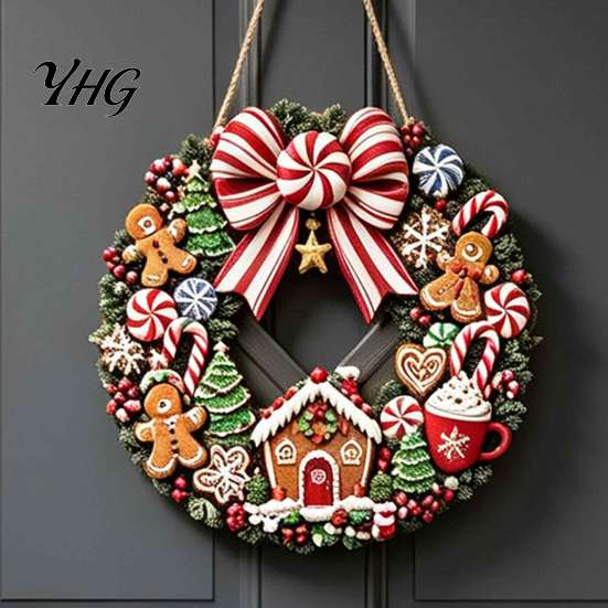 Rustic Holiday Wall Hanging Decor Gingerbread Man Wreath Wooden Sign for Front Door, Retro Christmas Plaque with Seasonal Festive Entryway Candy Cane