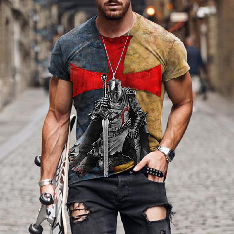 2024 Summer Retro Cross Pattern New Short Sleeved Round Neck Printed Men's T-shirt