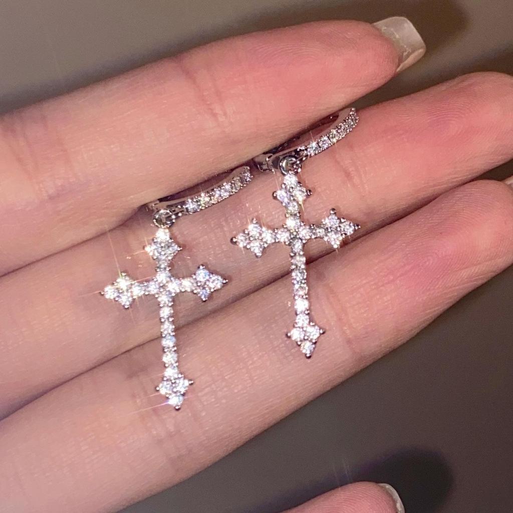 Gothic Rhinestone Cross Dangle Earrings for Women - European and American Style