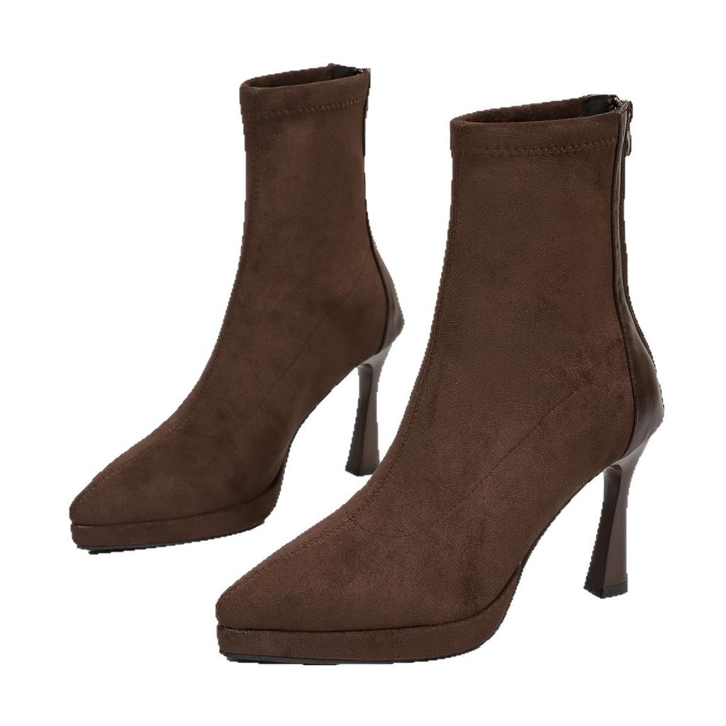 Winter Pointed Suede High Heel Fashion Boots Women's Thin Retro Thin Heel Elastic Thin Boots