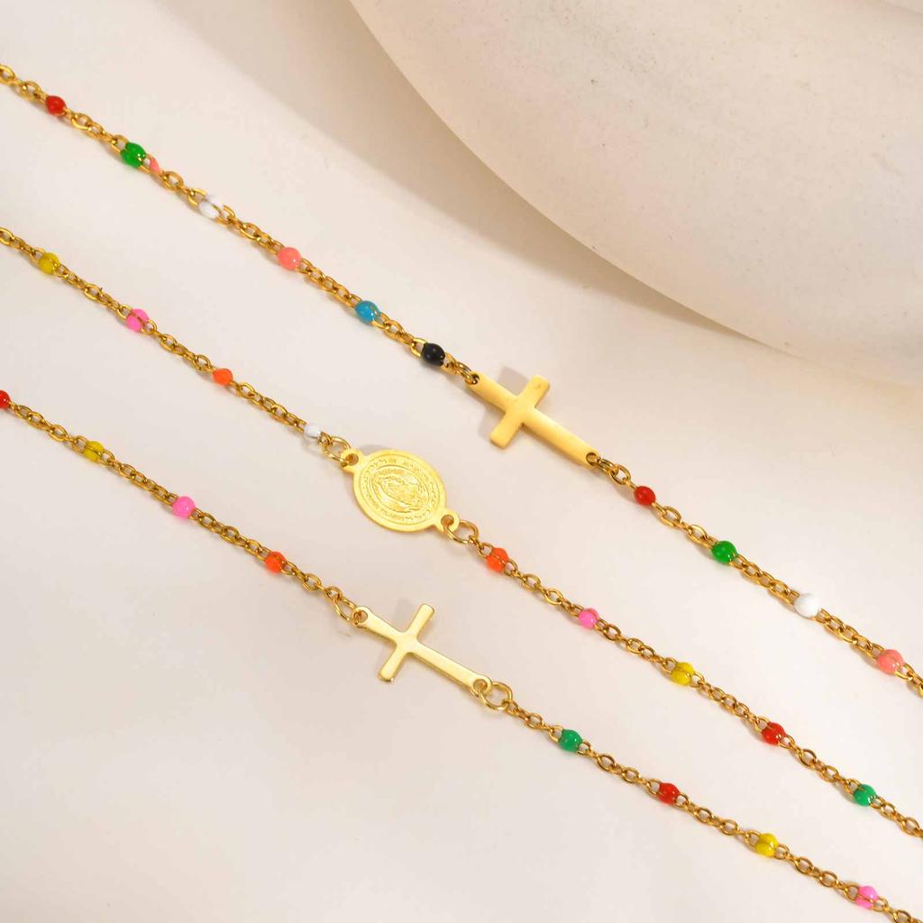 Sideway Cross Virgin Mary Choker Necklace for Women, Colorful Beaded Adjustable Chain, Baptism Jewelry  Non Tarnish