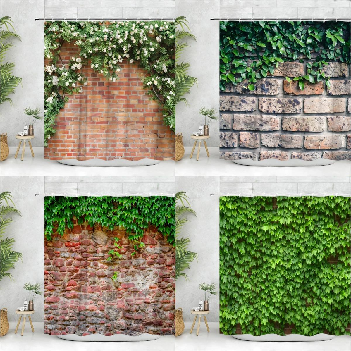 Dunika Chen Brick Wall Shower Curtain Vintage Vines Spring Greenery Nature Scenery Leave Farm Flower Polyester Fabric Bathroom Decor Curtain