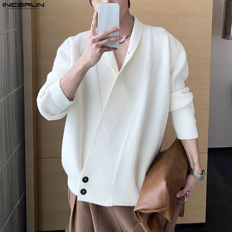 INCERUN Oversized Men V Neck Long Sleeve Front Cross Buttons Rib Casual Loose Cardigan