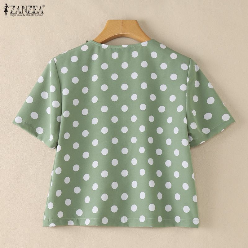 ZANZEA Women Casual Round Neck Polka Dot Print Short Sleeve Blouse