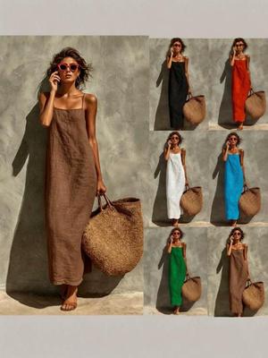 European & American Sexy Retro Cotton Linen Spaghetti Strap Long Dress