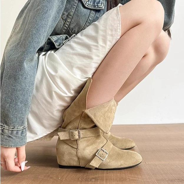 Cowhide version retro belt buckle medium boots women's new thin and versatile western boots inner height increase Martin boots