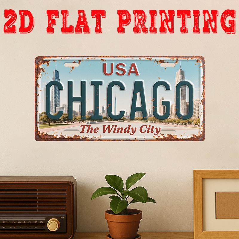 

USA Chicago The Windy City D Flat Printing License Plate Style Metal Tin Sign Iconic American City Themed Decorative Aluminu 15x30cm(5.9x7.8inch)