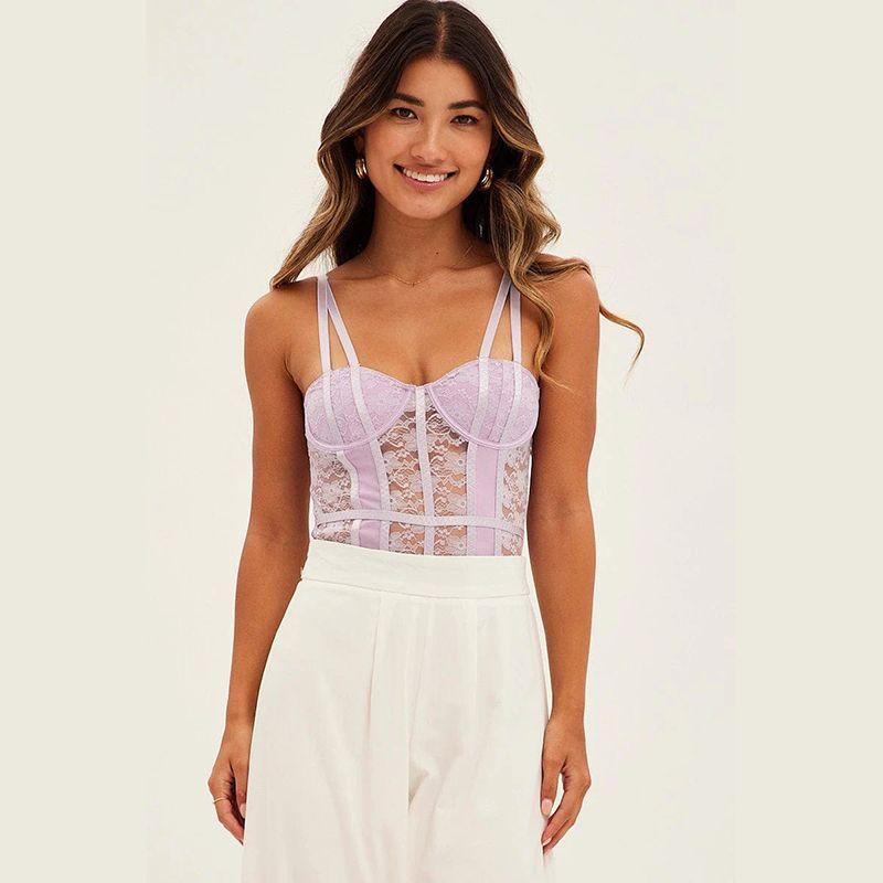 

European and American Single Niche Design Sexy Gyaru Lace Stitching Fishbone Sling Slim fit Slimming Positioning Jumpsuit for Women Purple L