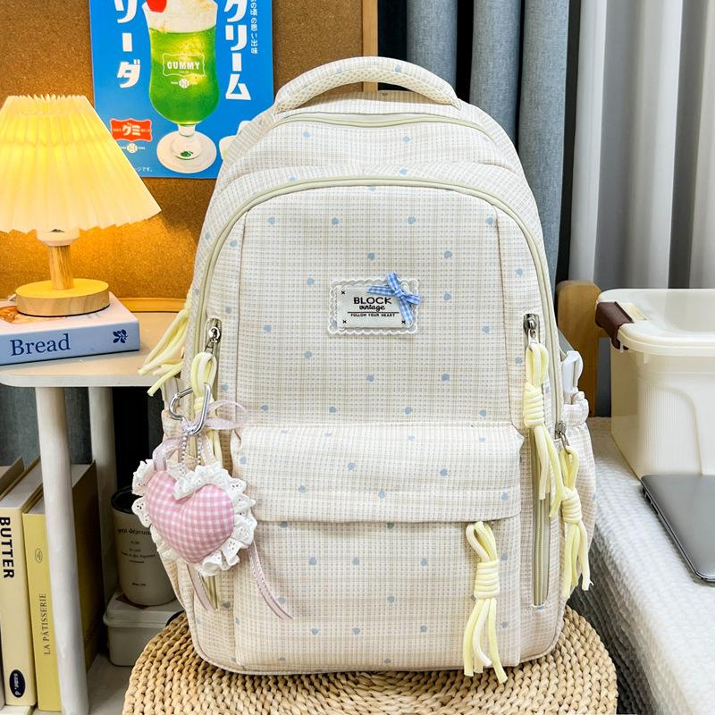 Schoolbag Japanese Fresh Color Sea Salt Blue Plaid Floral Schoolbag Female Sweet Atmosphere Junior and High School Girls Backpack