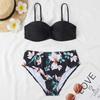 Two-Piece Swimsuit Women Underwire Padded Push-Up Split Bikini Solid Color Bra Floral Print High Waist Bottoms Swimsuit