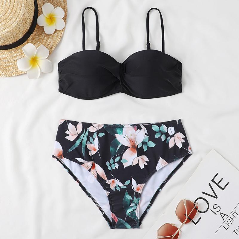 Two-Piece Swimsuit Women Underwire Padded Push-Up Split Bikini Solid Color Bra Floral Print High Waist Bottoms Swimsuit