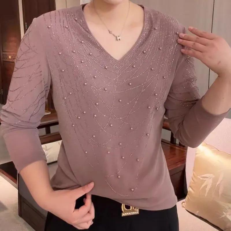 Damen Herbst Altersreduzierendes Basic-Shirt Bügeln Langarm V-Ausschnitt T-Shirt