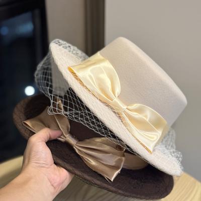 Sombrero Francés para Mujer Nombre Británico Cálido para la Cara Ala Pequeña Plana Sombrero de Cena Otoño e Invierno Nuevo Sombrero Jazz con Lazo Tendencia