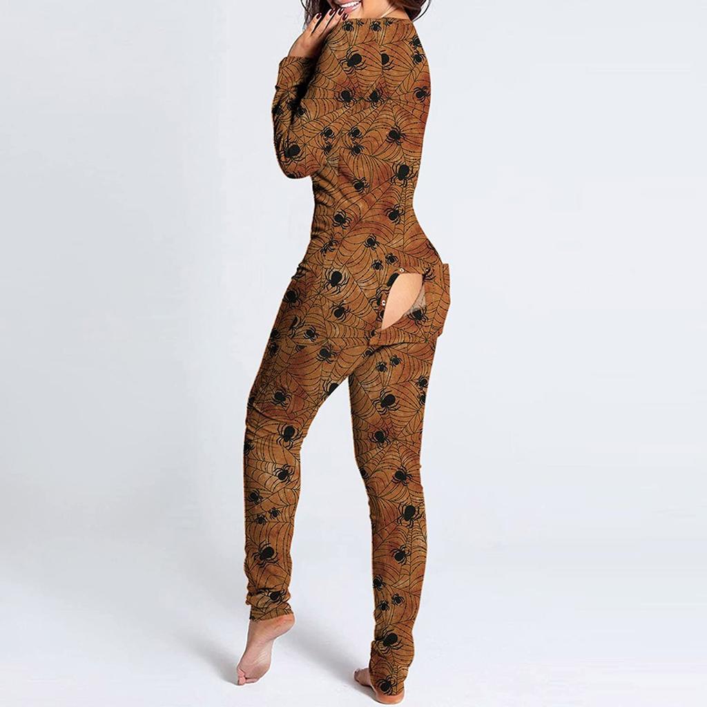 Women's Button-Down Halloween Print Functional Buttoned Flap Adults Jumpsuit