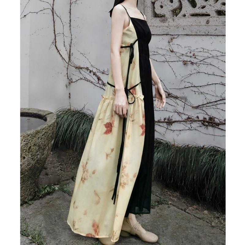 Johnature Woman Summer Chinese Style Print Devise A-Line Dress Niche Casual Vintage Sleeveless Dress