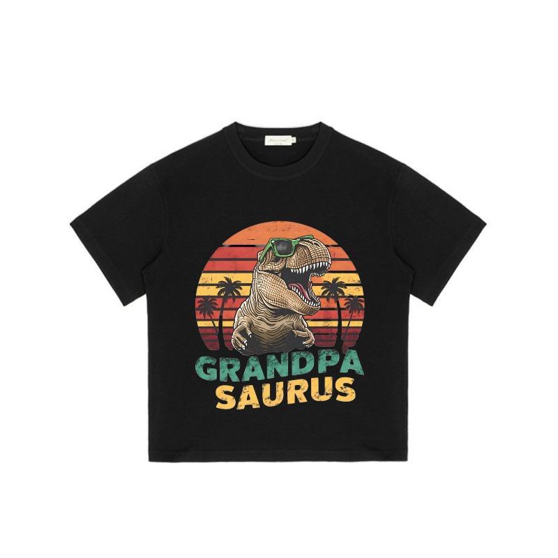 Crewneck T Shirt Black Dinosaur With Sunglasses And Palm Trees Sunset Background Grandpa Saurus Text Summer Beach Casual Wear